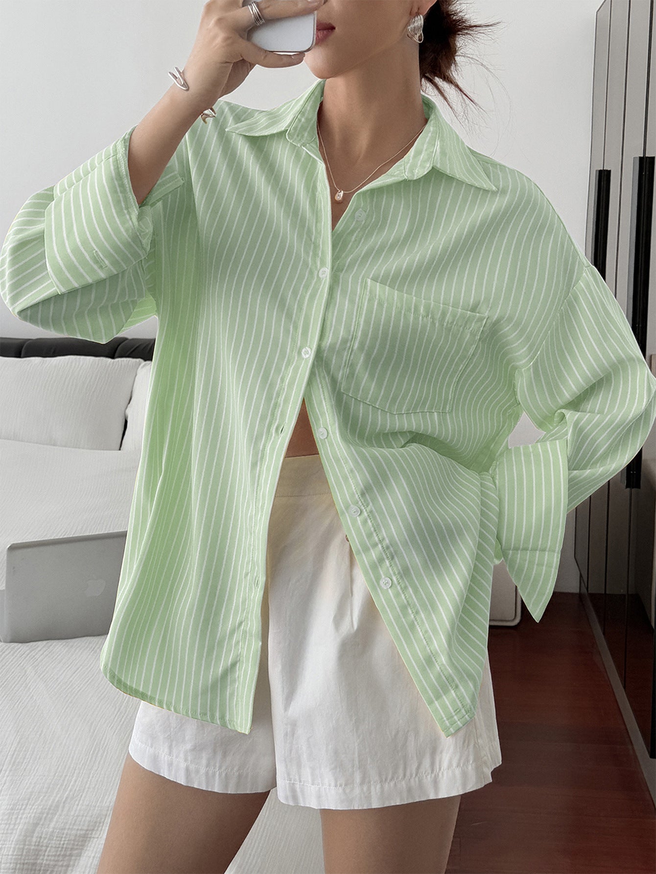 Oversized Striped Long Sleeve Button Down Shirt Women