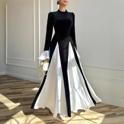Elegant Velvet Bell Sleeve Color Block Maxi Dress