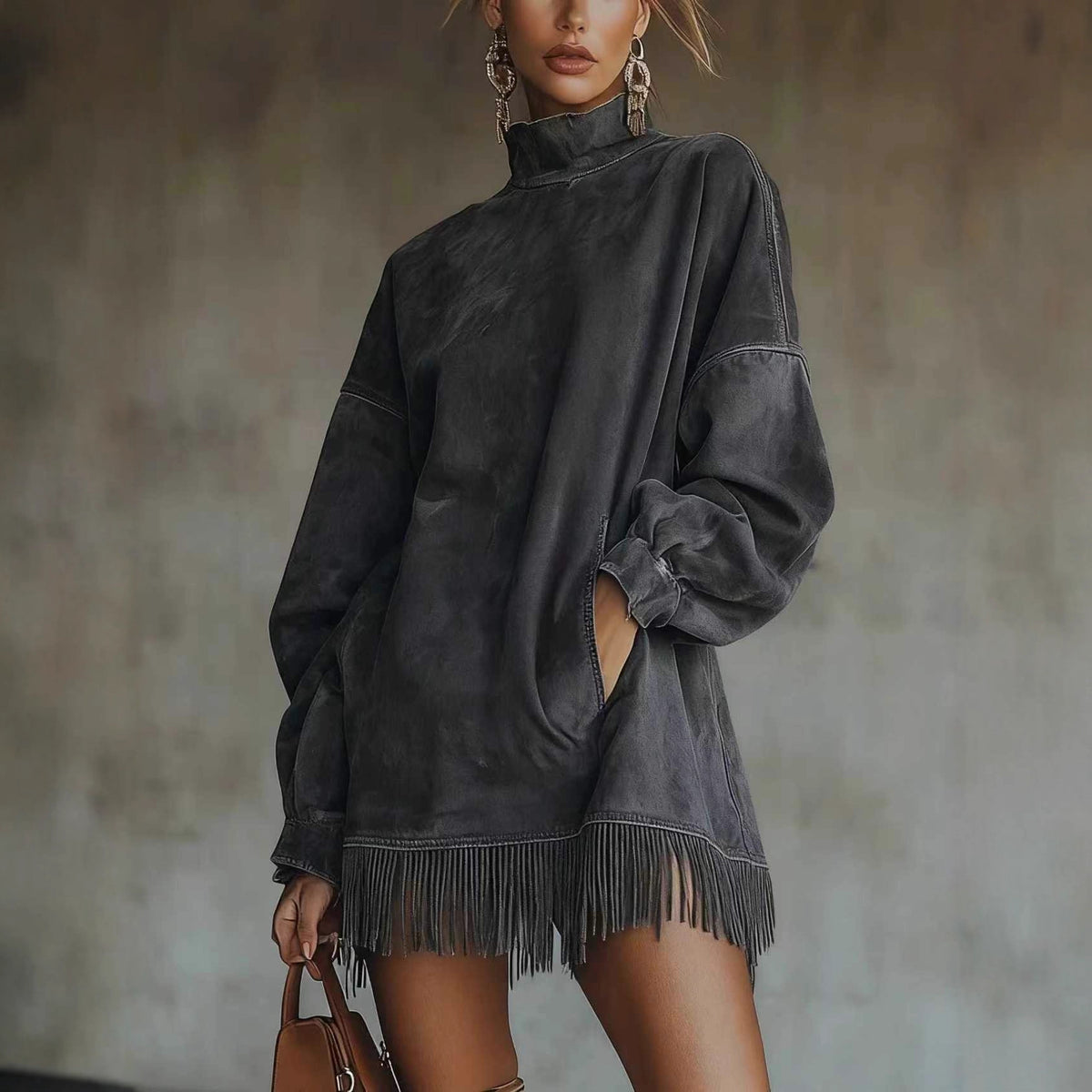 Faux Suede Fringe Turtleneck Dress with Pockets