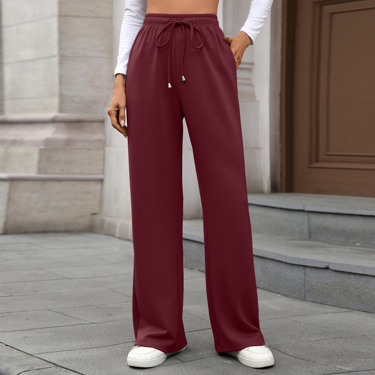 Womens Wide Leg Pants Elastic Waist Drawstring Pockets