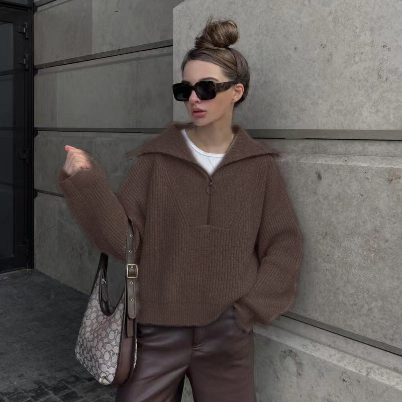 Women's Oversized Half Zip Collared Knit Sweater Pullover