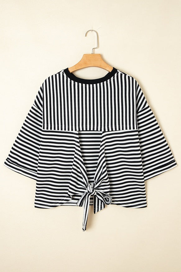 Blue Striped Knit Back Bow Open Back Top Women