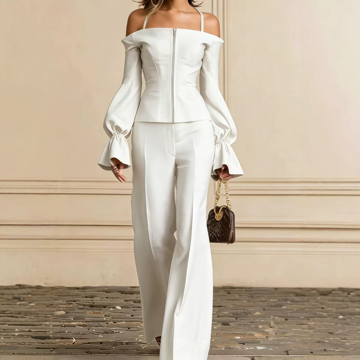 Women's Elegant Two Piece Bell Sleeve Wide Leg Pant Set