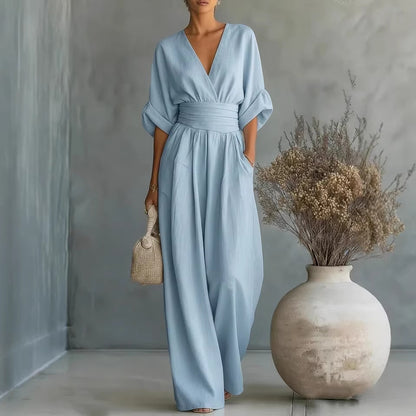Women's Elegant V-Neck High Waist Wide Leg Jumpsuit