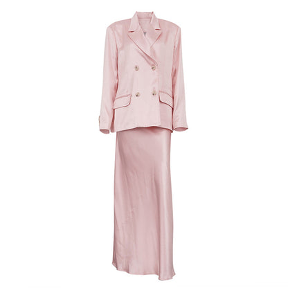 Women's Satin Blazer Maxi Skirt Two Piece Set