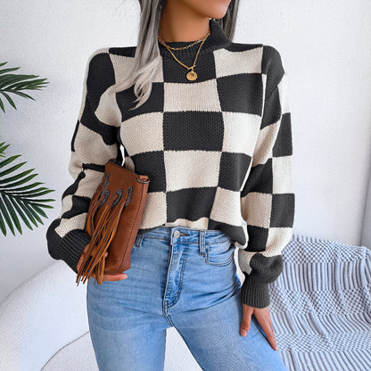 2025 Fall/Winter Colorblock Checkered Knit Sweater - Street Style