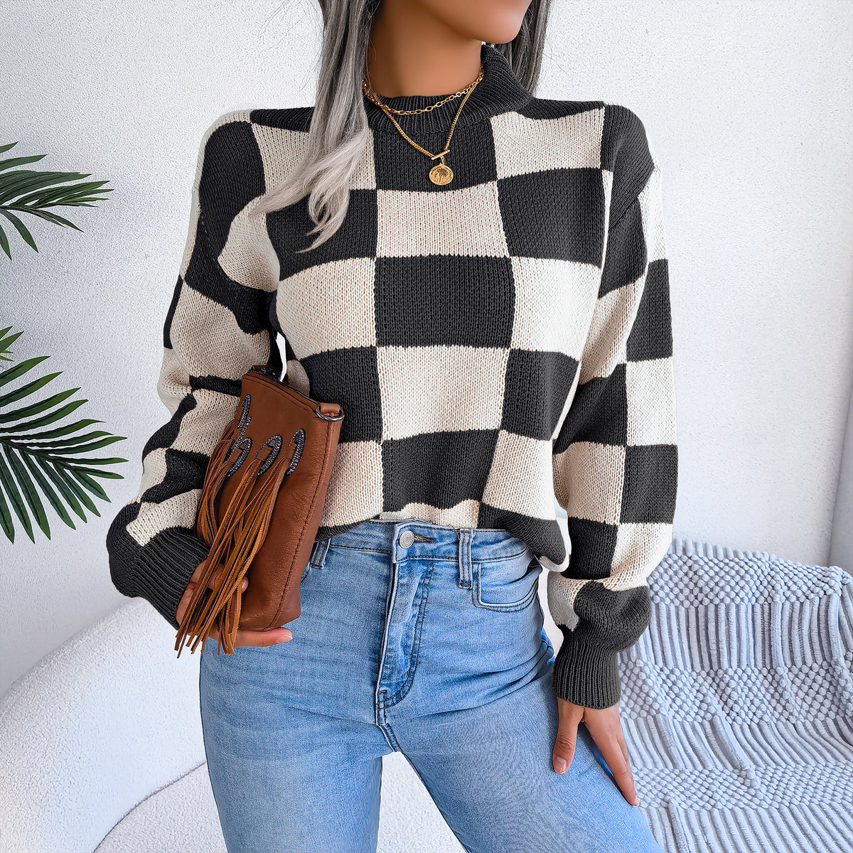 Women's Colorblock Checkerboard Balloon Sleeve Sweater