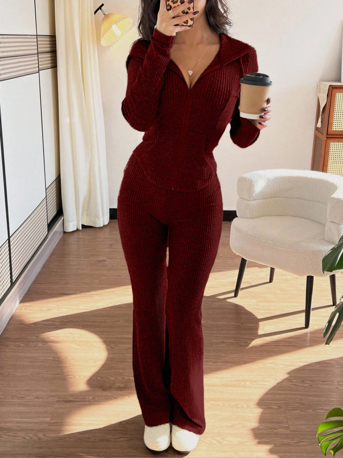 2 Piece Ribbed Knit Zip Sweater Wide Leg Pants Set