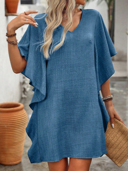 Flowy V-Neck Ruffle Sleeve Summer Dress Loose Fit