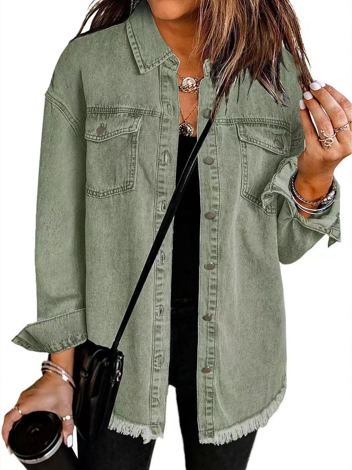 Women's Oversized Denim Shacket Frayed Hem