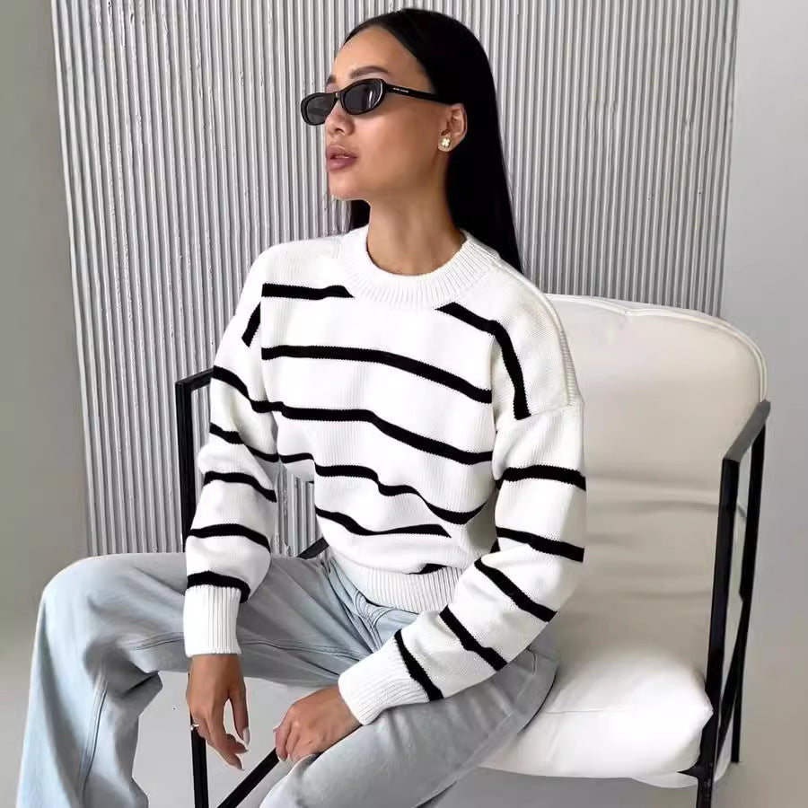 Women's Oversized Striped Crew Neck Pullover Sweater
