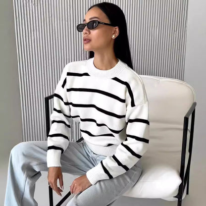 Women's Oversized Striped Crew Neck Pullover Sweater