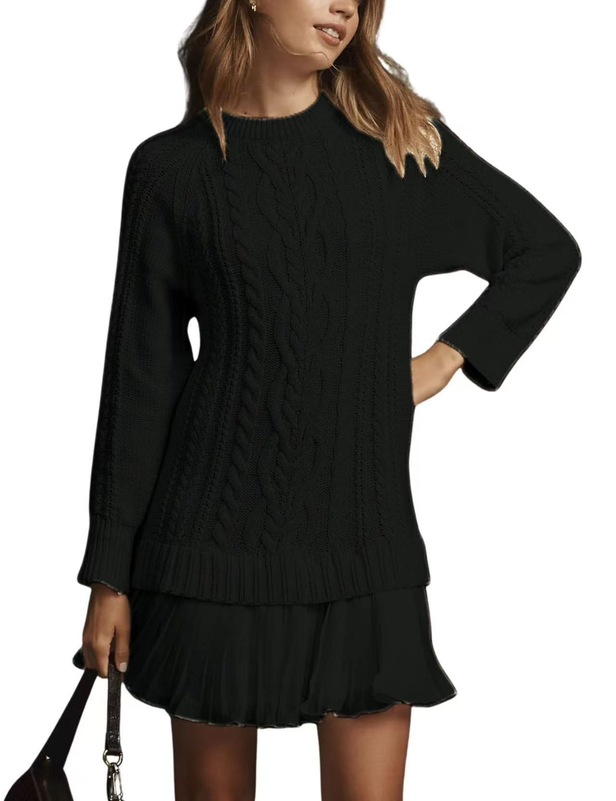 Women's Cable Knit Crew Neck Cashmere Sweater