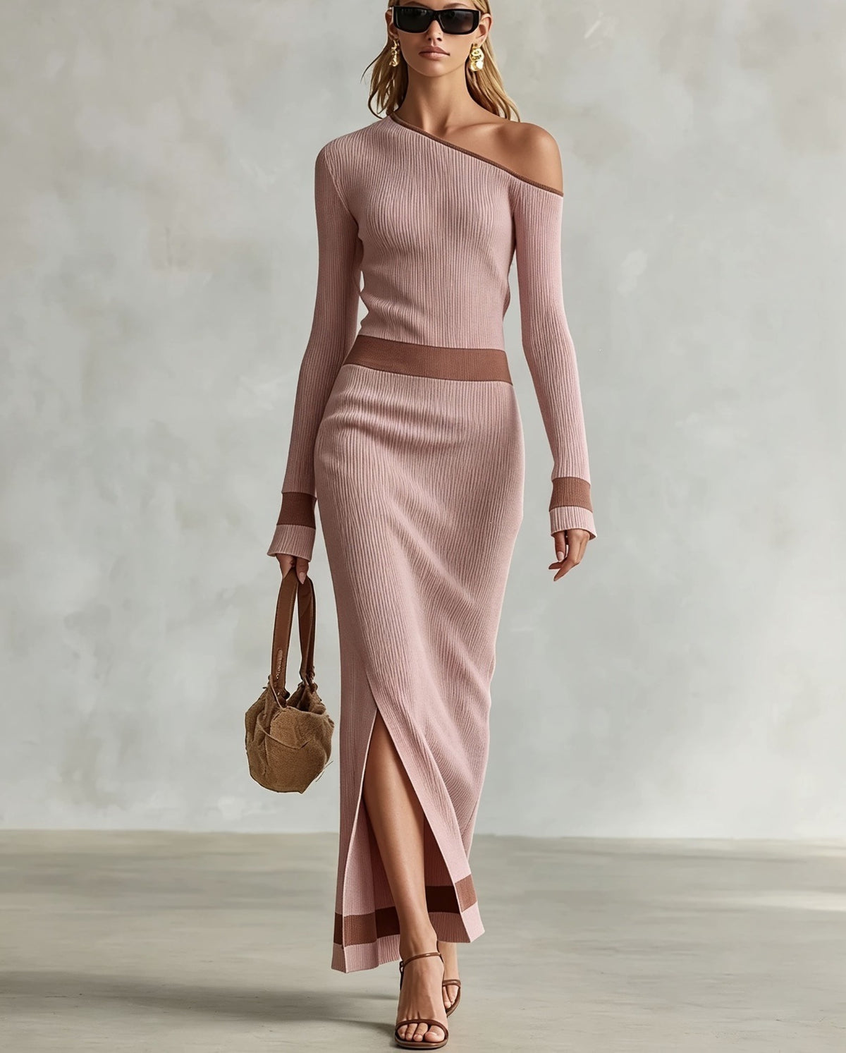 One Shoulder Colorblock Ribbed Knit Maxi Slit Dress
