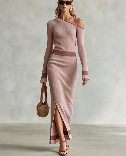 One Shoulder Colorblock Ribbed Knit Maxi Slit Dress
