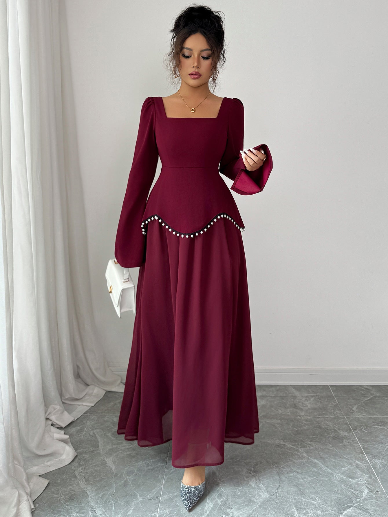 Square Neck Long Sleeve Pearl Beaded Mesh Maxi Dress