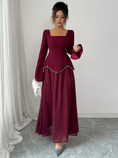 Square Neck Long Sleeve Pearl Beaded Mesh Maxi Dress