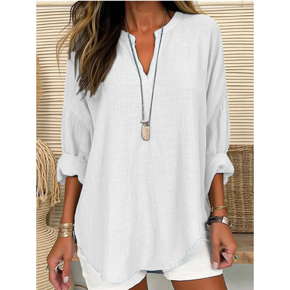Plus Size V Neck Long Sleeve Cotton Linen Tunic Top