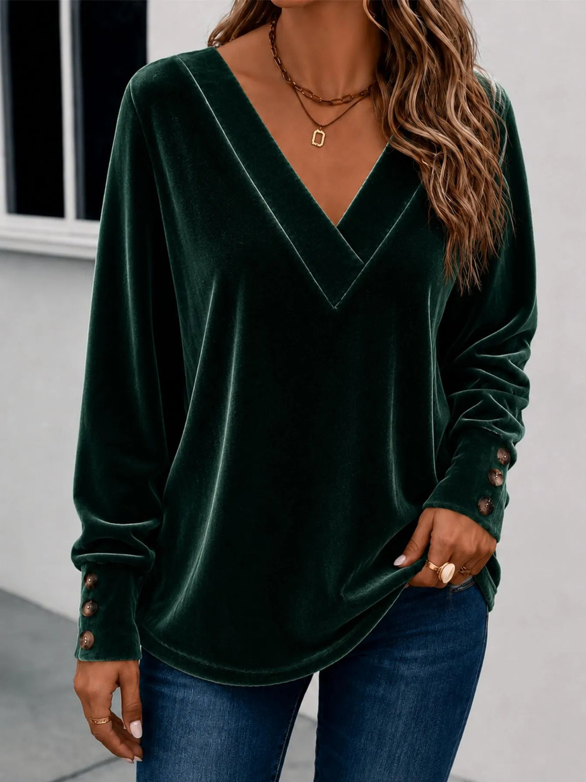 Women's V-Neck Velvet Long Sleeve Button Cuff Top