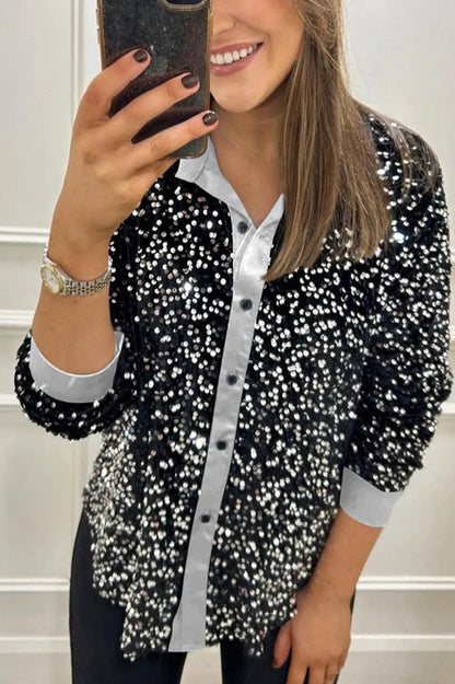Women's Sequin Long Sleeve Button Down Collared Shirt
