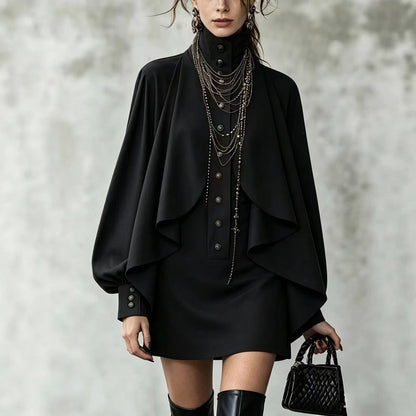 Womens Mock Neck Cape Shirt Dress Puff Sleeve Bodycon Mini