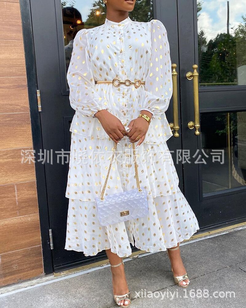 Gold Polka Dot Chiffon Tiered Long Sleeve Maxi Dress