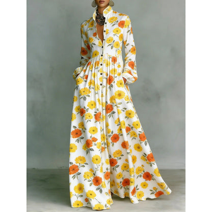 Vintage Floral Maxi Dress Lantern Sleeve Button Down Boho