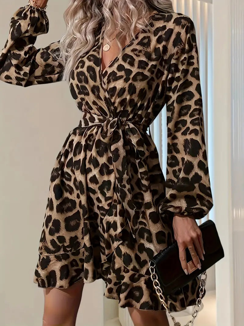 Leopard Print V-Neck Long Sleeve Tie Waist Ruffle Dress