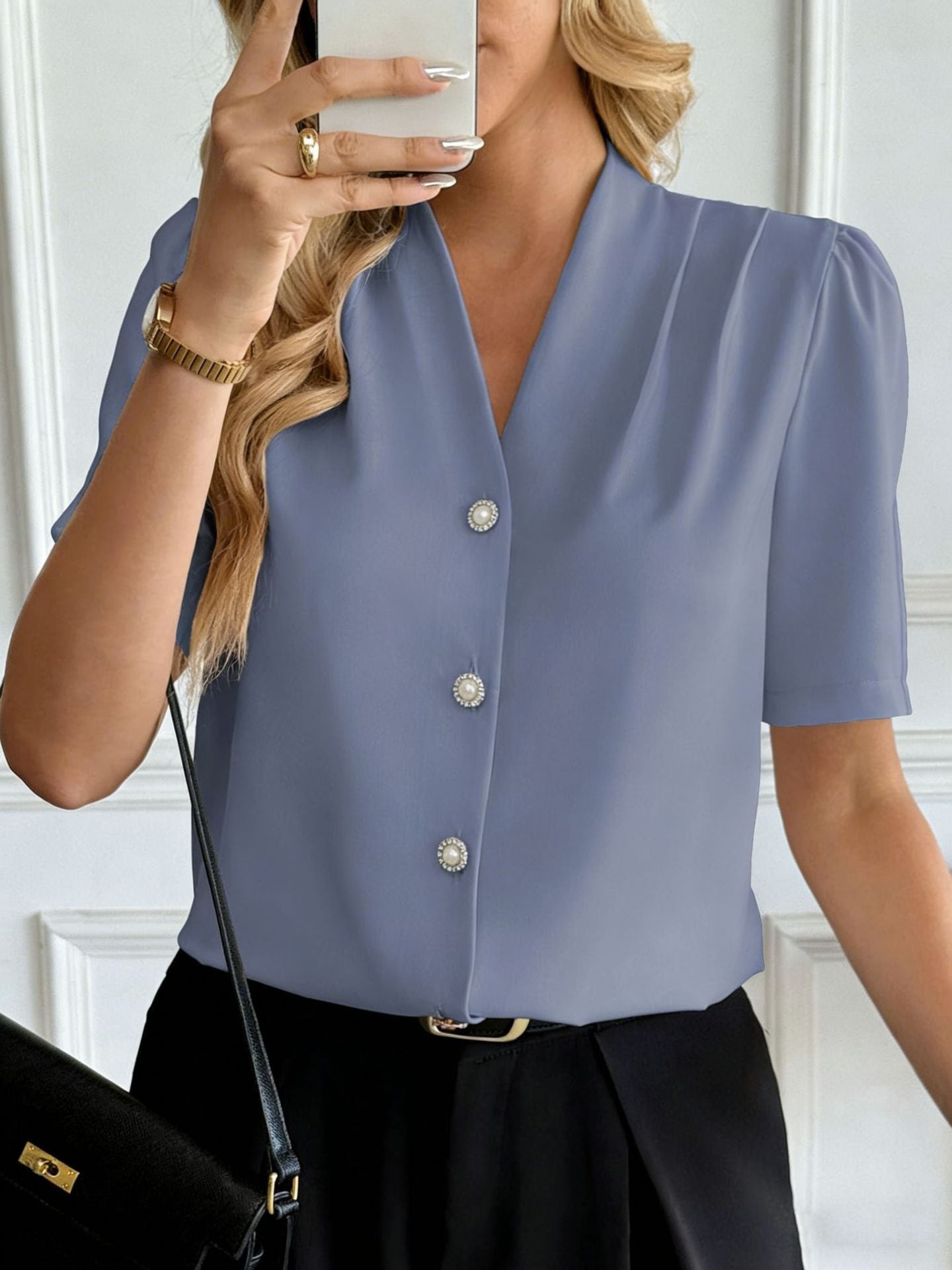 V Neck Button Front Business Casual Blouse Short Sleeve Top