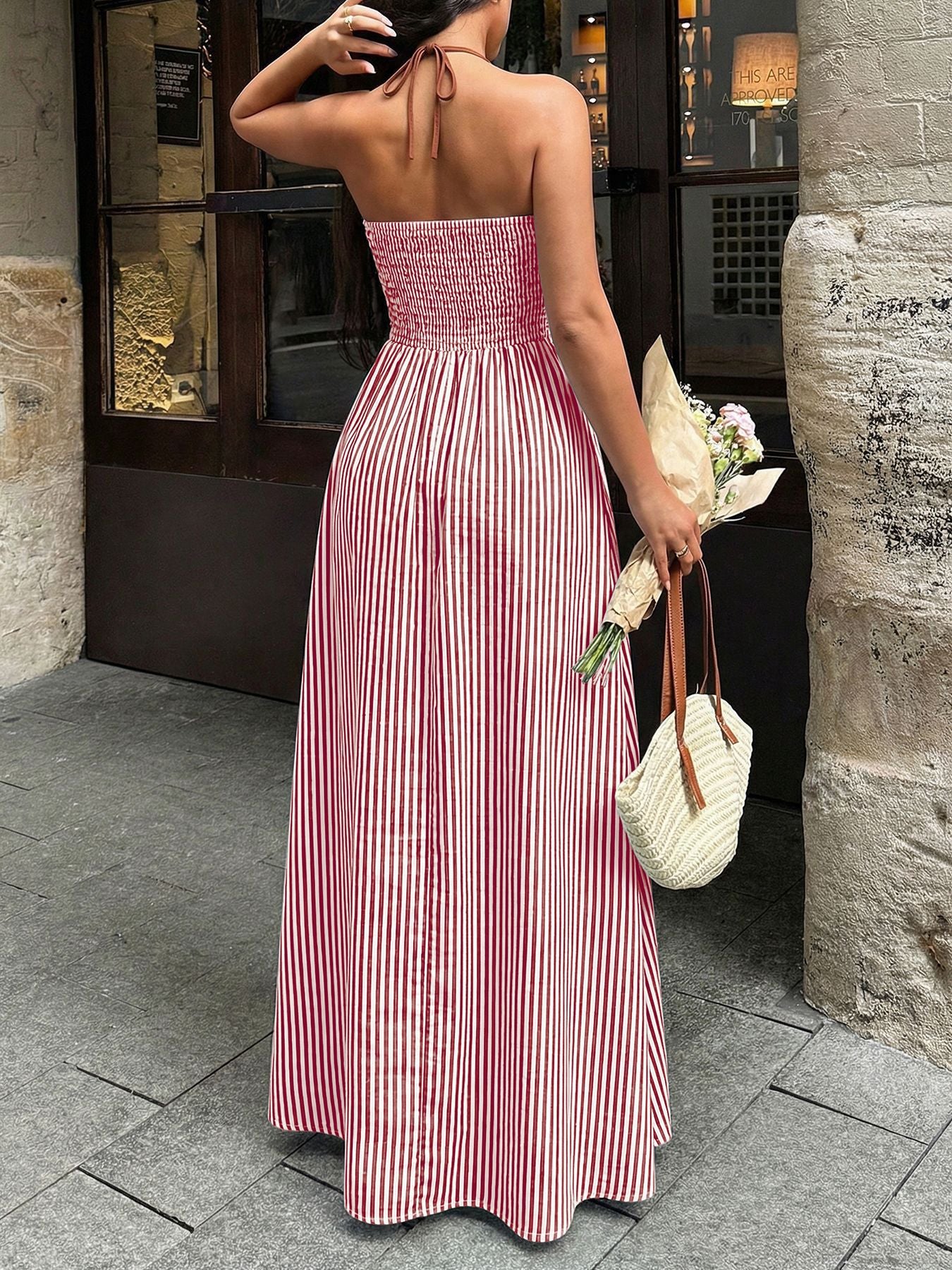 Striped Halter Backless Maxi Dress Deep V Resort Dress