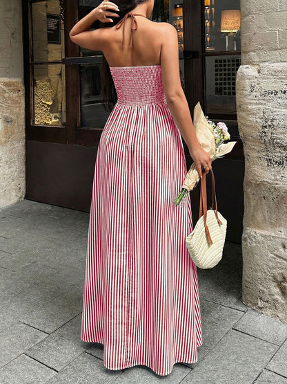 Striped Halter Backless Maxi Dress Deep V Resort Dress