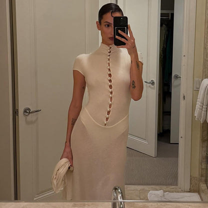 Mock Neck Cutout Bodycon Maxi Dress Short Sleeve