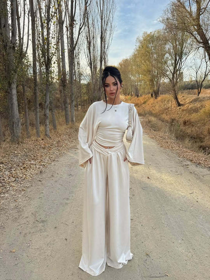 Satin Two Piece Set Ruched Top Wide Leg Pants