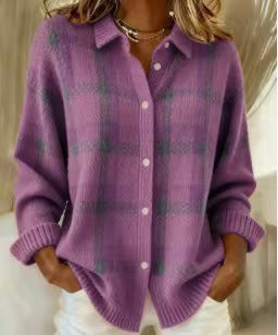 Women's Oversized Plaid Collared Cardigan Sweater