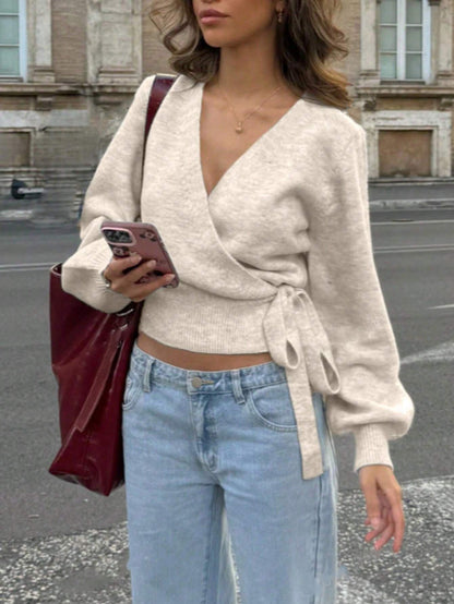 Women's Wrap Tie Front Crop V Neck Knit Sweater