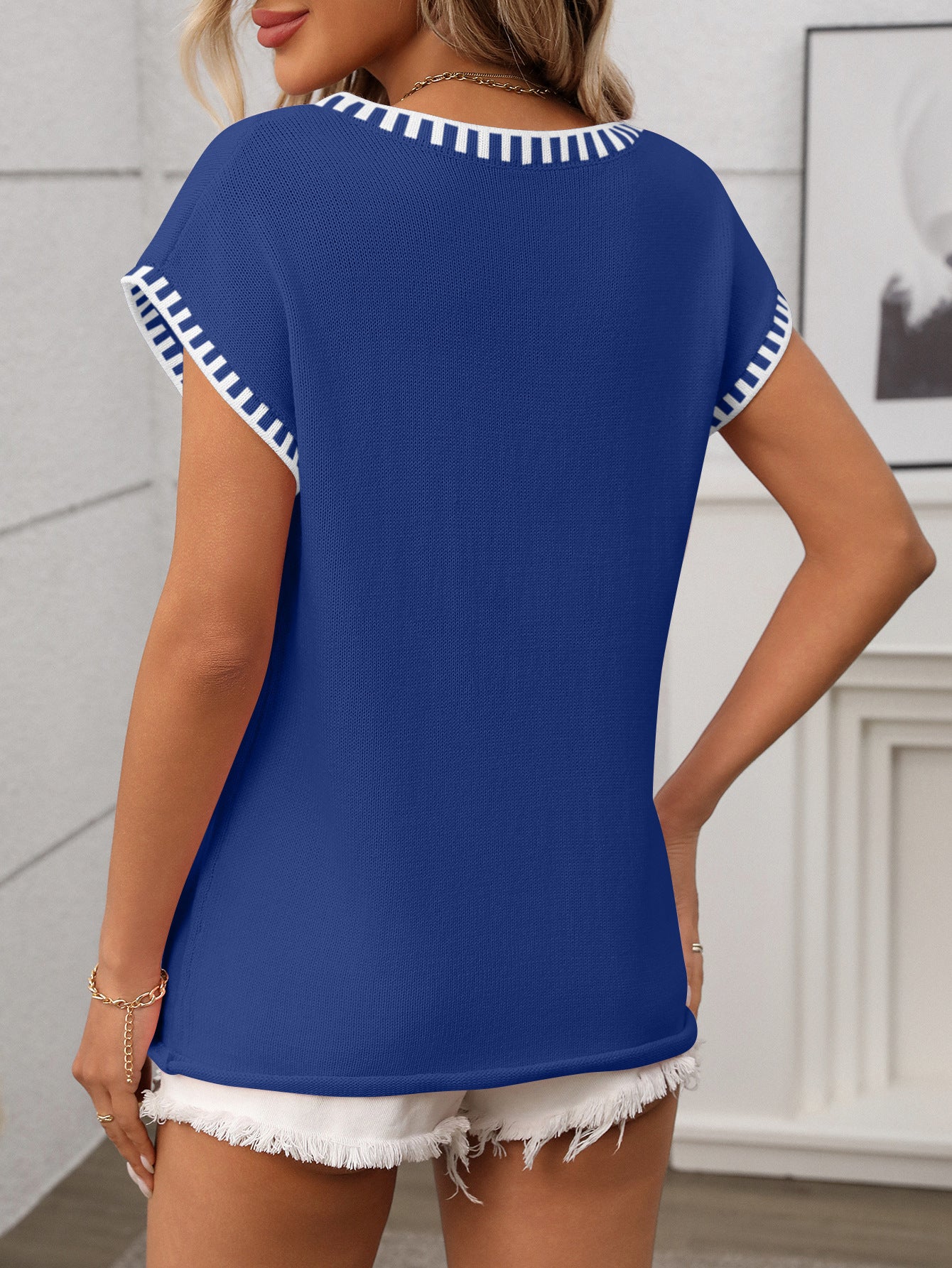 Striped V Neck Knit Top Short Sleeve Casual Sweater