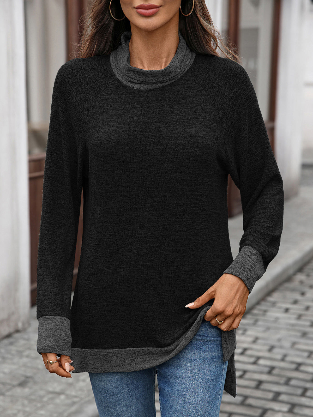 Women's Color Block Cowl Neck Long Sleeve Tunic Top