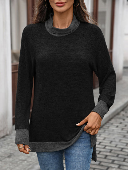 Women's Color Block Cowl Neck Long Sleeve Tunic Top