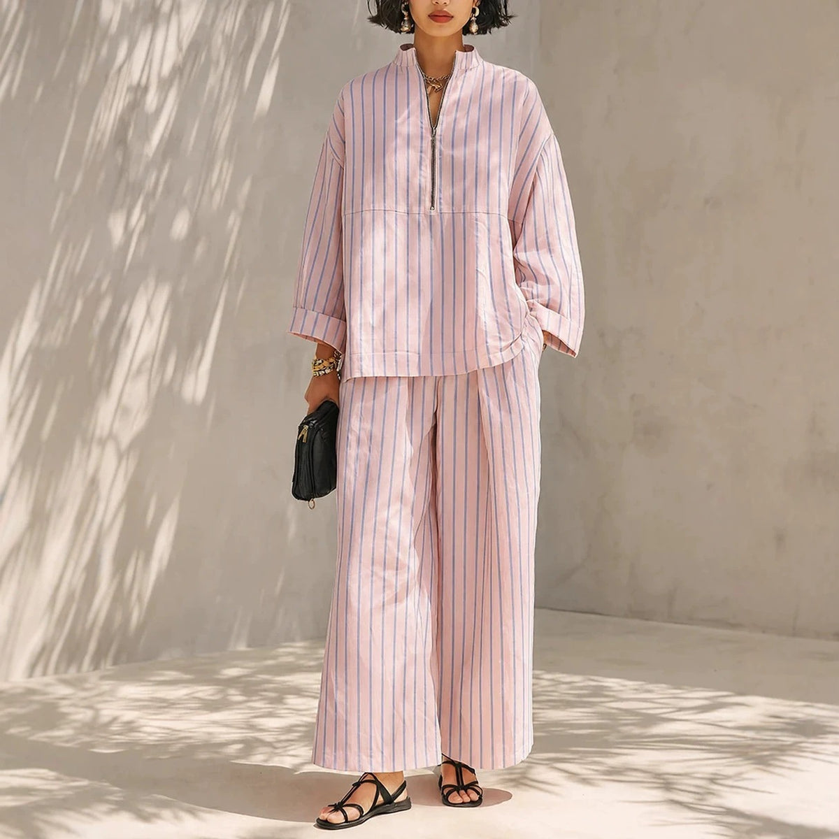 Women's Striped Half Zip Top Wide Leg Pants Set
