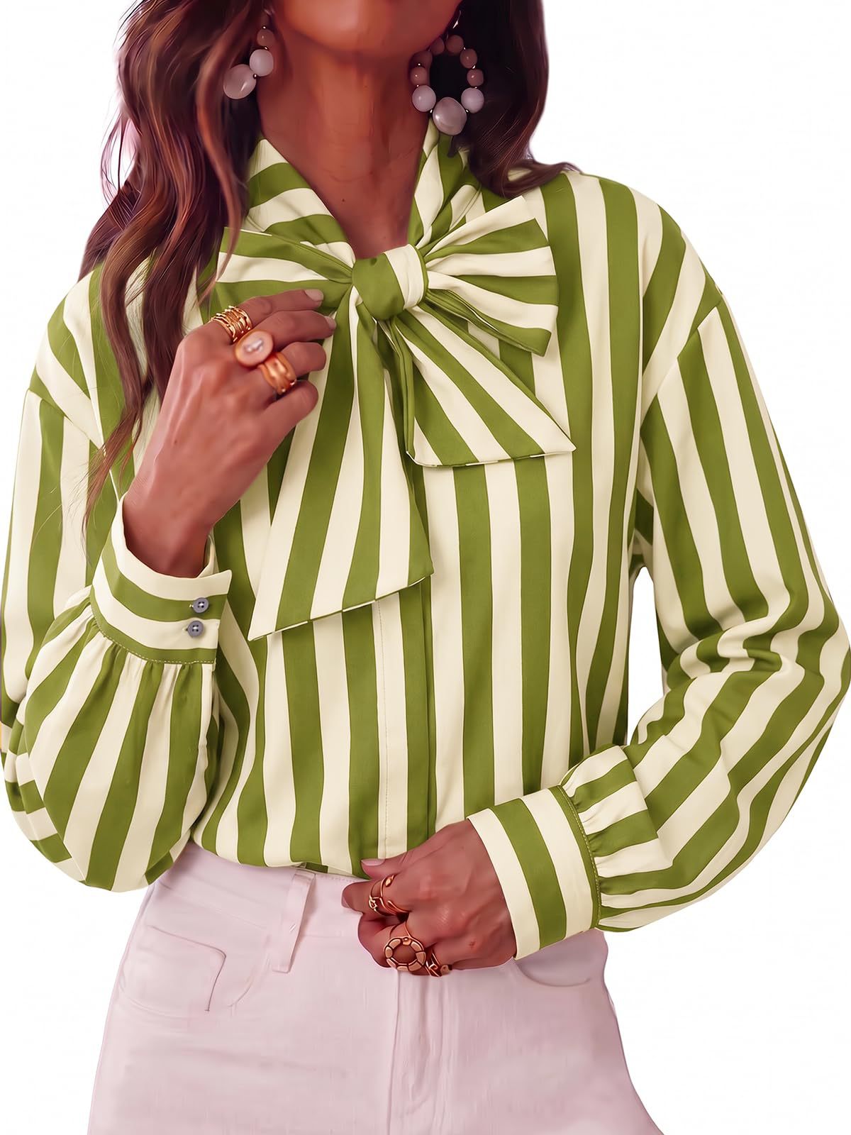 Women's Striped Tie Neck Long Sleeve Blouse Casual