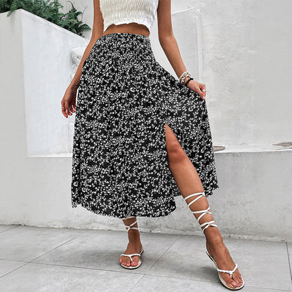 Blue Floral High Waist Slit Midi Skirt Boho Vacation Skirt