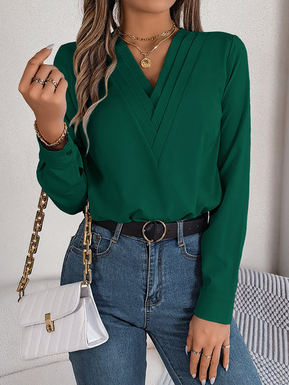 Elegant Layered V-Neck Long Sleeve Blouse – 2025 Fall/Winter