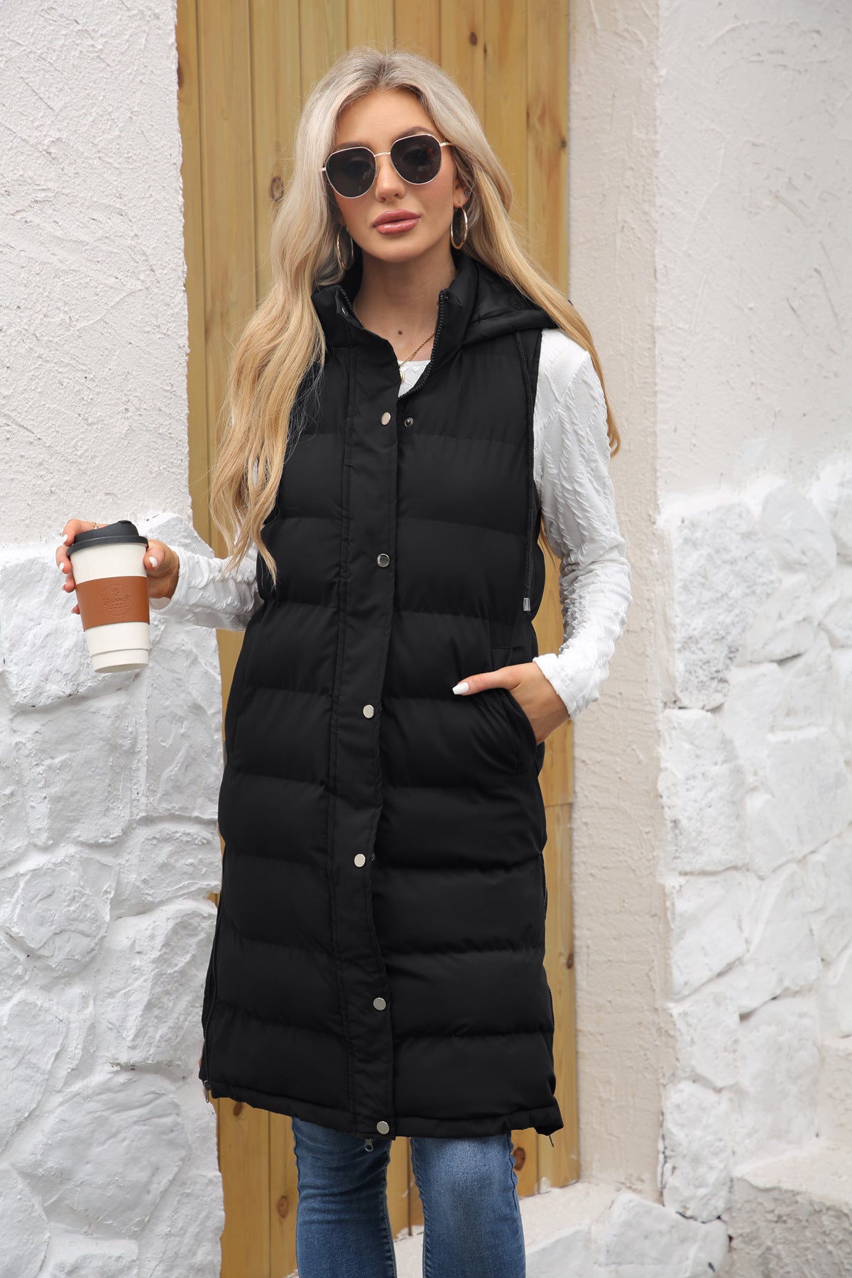 Women's Long Hooded Sleeveless Quilted Puffer Vest