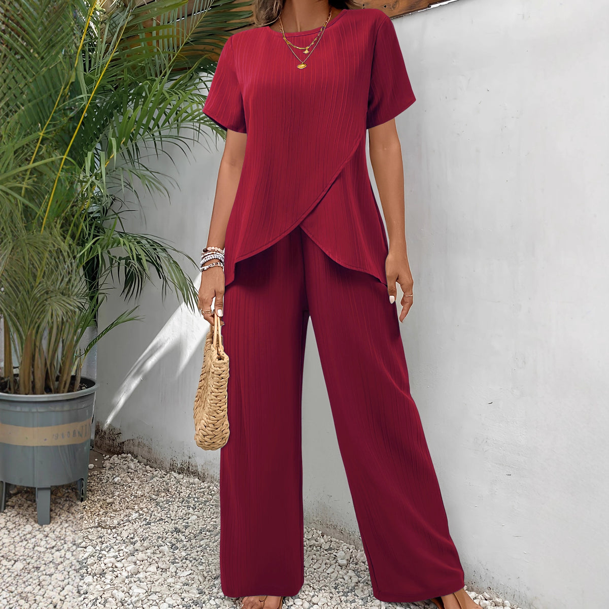 Plus Size Solid Cross Front Wide Leg Pants Matching Set