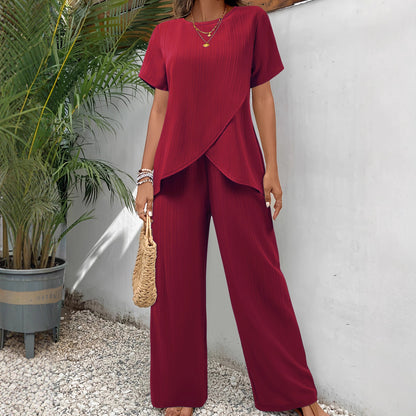 Plus Size Solid Cross Front Wide Leg Pants Matching Set