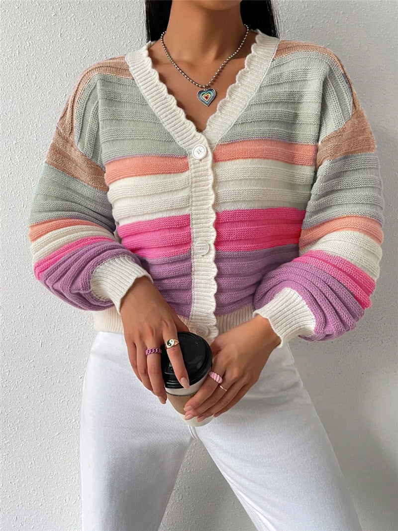 Rainbow Striped V-Neck Balloon Sleeve Cardigan