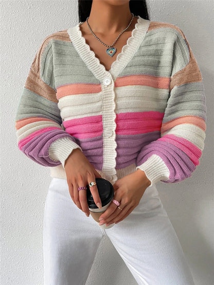 Rainbow Striped V-Neck Balloon Sleeve Cardigan
