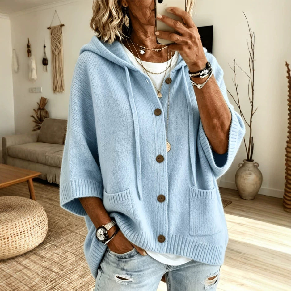Women's Hooded Knit Cardigan Button Front Batwing Sleeve