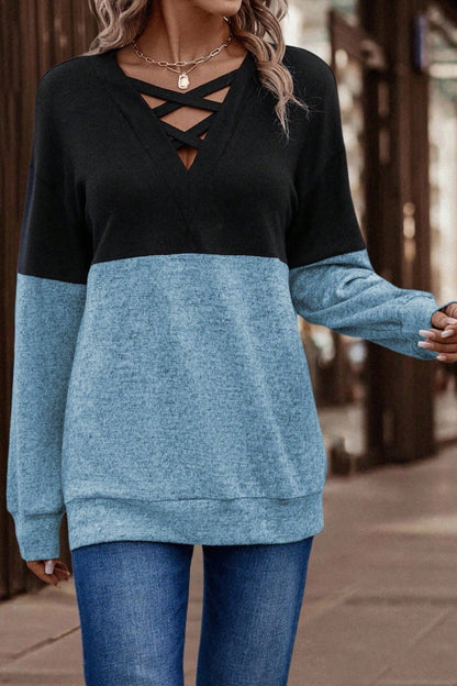 Women's Color Block Criss Cross V Neck Long Sleeve Top