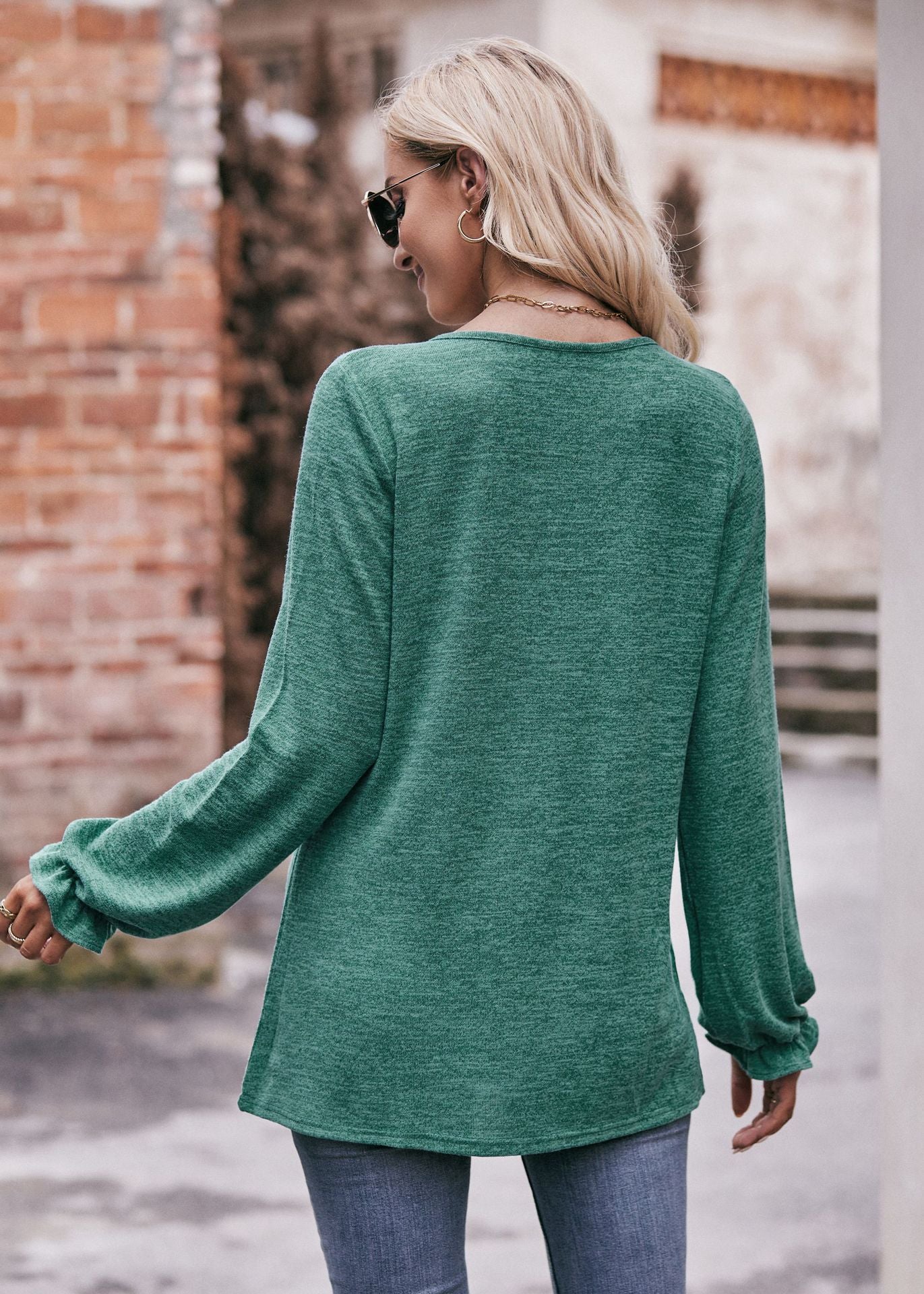 Round Neck Pleated Long Sleeve Brushed Knit Top